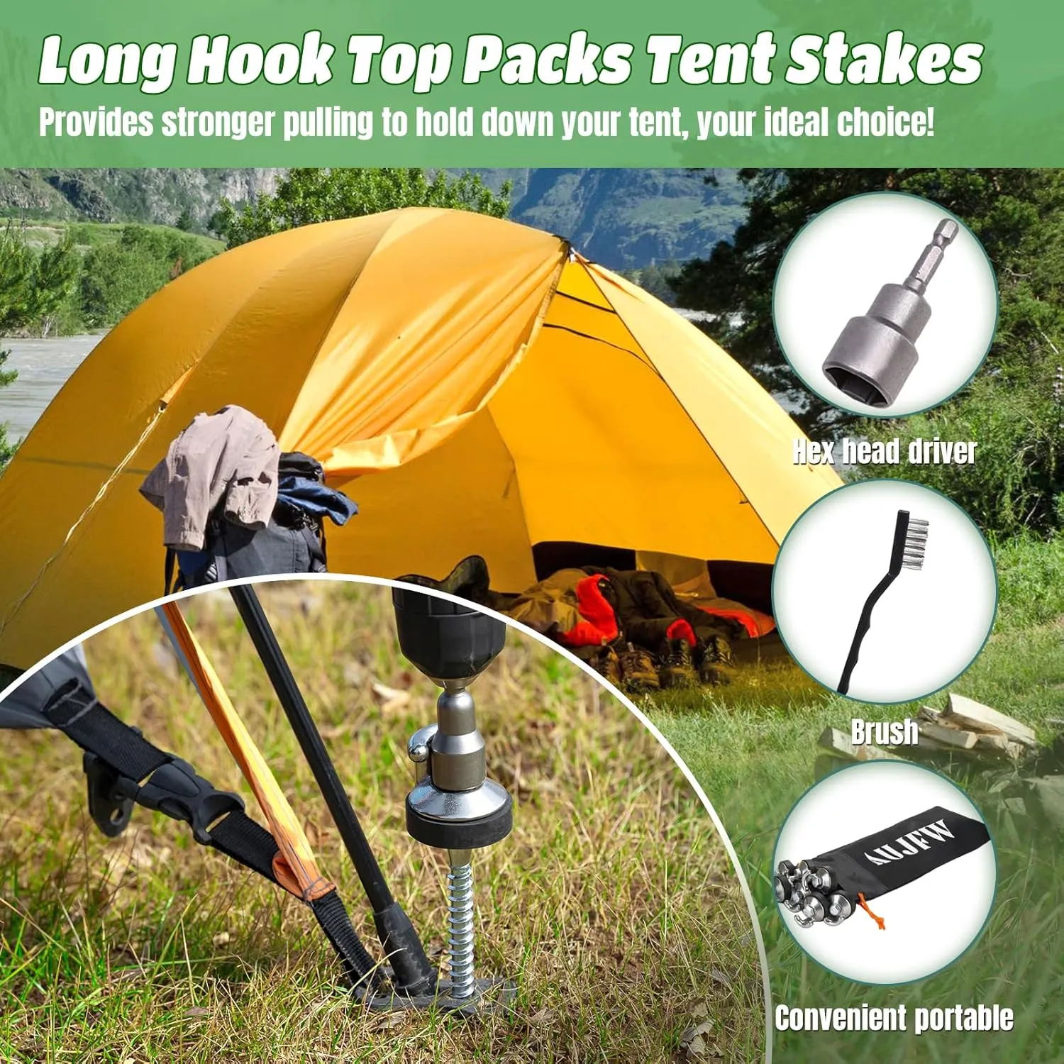 8Pcs 12" Drillable Threaded Long Hook Top Packs Tent Stakes, Heavy Duty Hardened Steel Ground Pegs for Grassland Garden Tents Canopies Awnings Camping Travel (Hex Tool and Storage Bag)