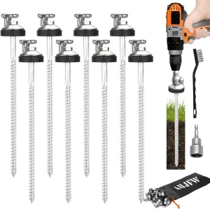 8Pcs 12" Drillable Threaded Long Hook Top Packs Tent Stakes, Heavy Duty Hardened Steel Ground Pegs for Grassland Garden Tents Canopies Awnings Camping Travel (Hex Tool and Storage Bag)