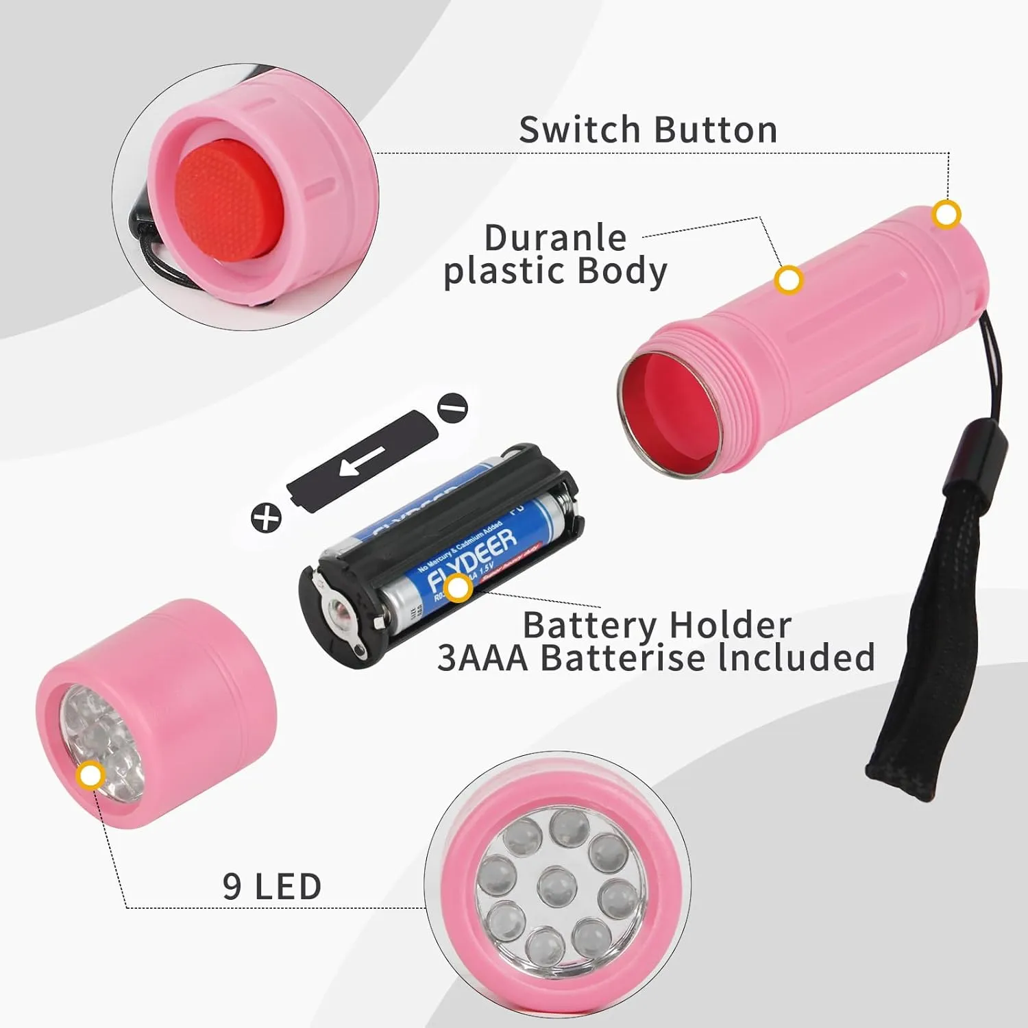 9-LED Mini Flashlight Bulk 50 Pack, Small Multicolor Flashlights with Lanyard, Batteries Included, for Hurricane Supplies Party Favors, Christmas Gifts Stocking Stuffer