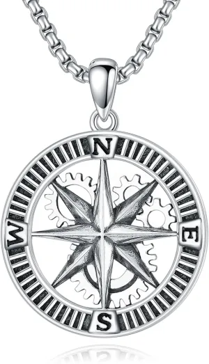 925 Sterling Silver Compass Necklace for Men, w/Stainless Steel Chain 22 2 Inch