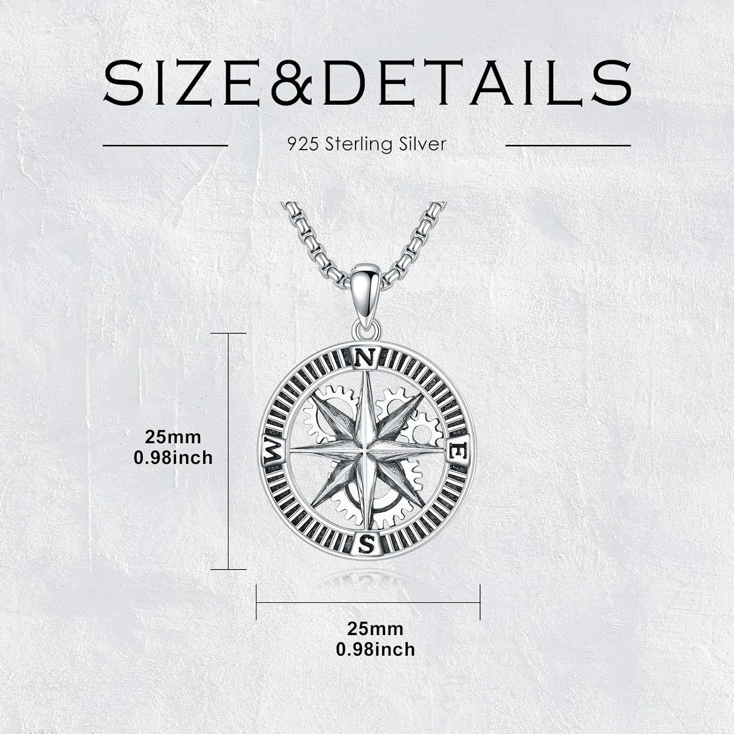 925 Sterling Silver Compass Necklace for Men, w/Stainless Steel Chain 22 2 Inch