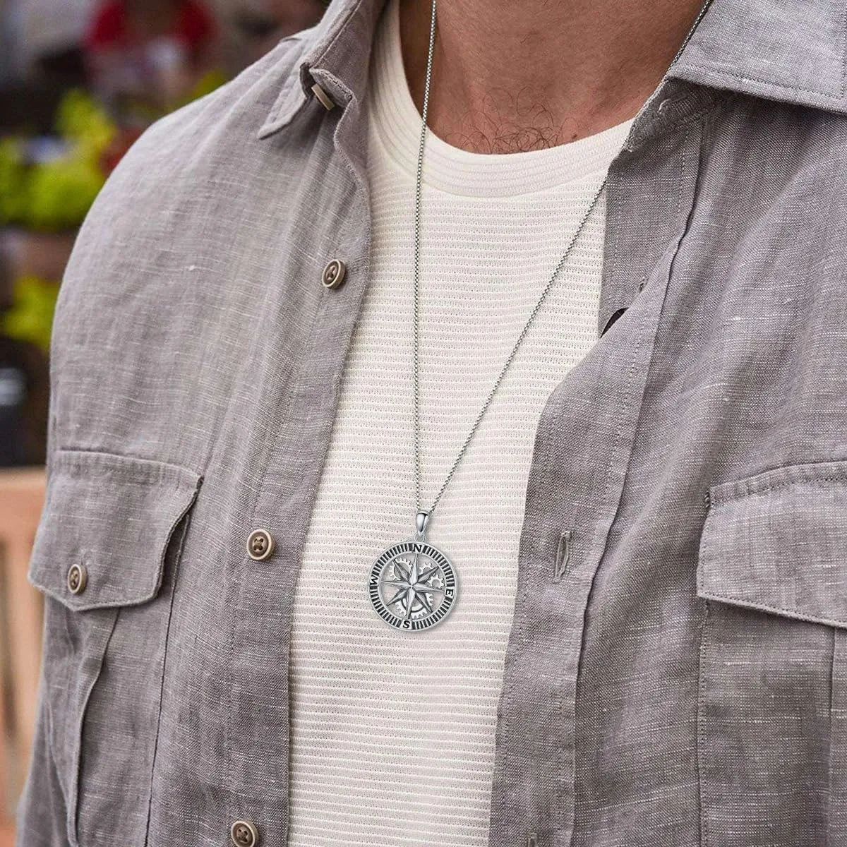 925 Sterling Silver Compass Necklace for Men, w/Stainless Steel Chain 22 2 Inch