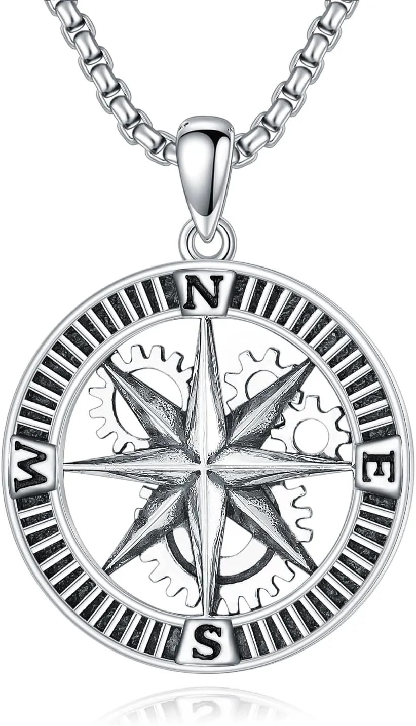 925 Sterling Silver Compass Necklace for Men, w/Stainless Steel Chain 22 2 Inch