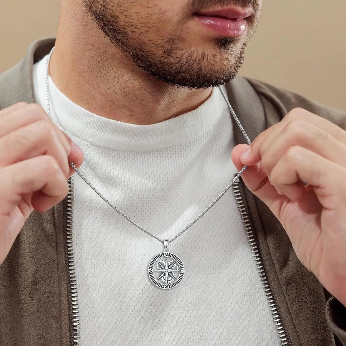 925 Sterling Silver Compass Necklace for Men, w/Stainless Steel Chain 22 2 Inch