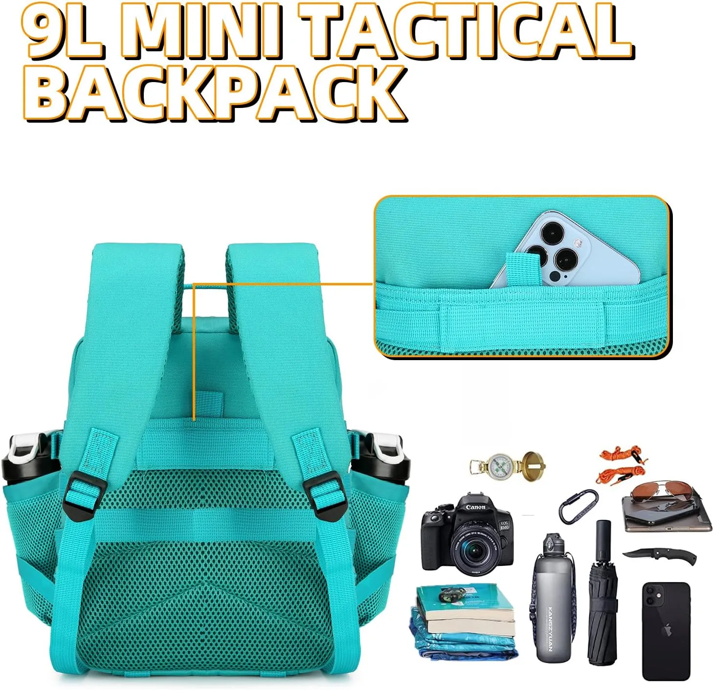 9L Mini Tactical Backpack 9L Assault Pack 9L Tactical Backpack Hiking Fitness Backpack（Lake Blue）