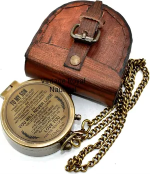 AASIYA Brass Nautical Pocket Compass with Chain and Leather Case for Travel Hiking to My Son Quote Engravable Outdoor Compass