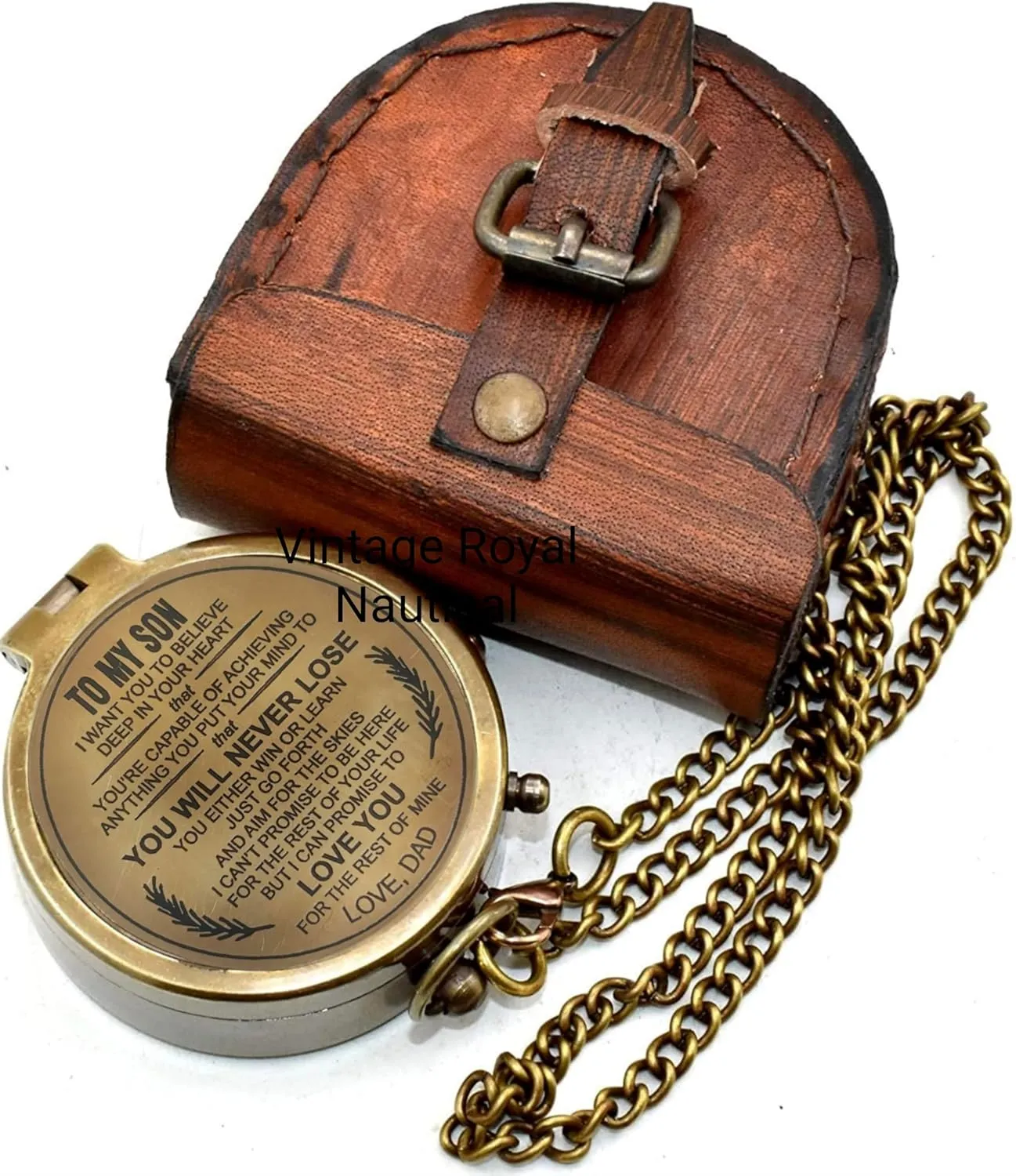 AASIYA Brass Nautical Pocket Compass with Chain and Leather Case for Travel Hiking to My Son Quote Engravable Outdoor Compass