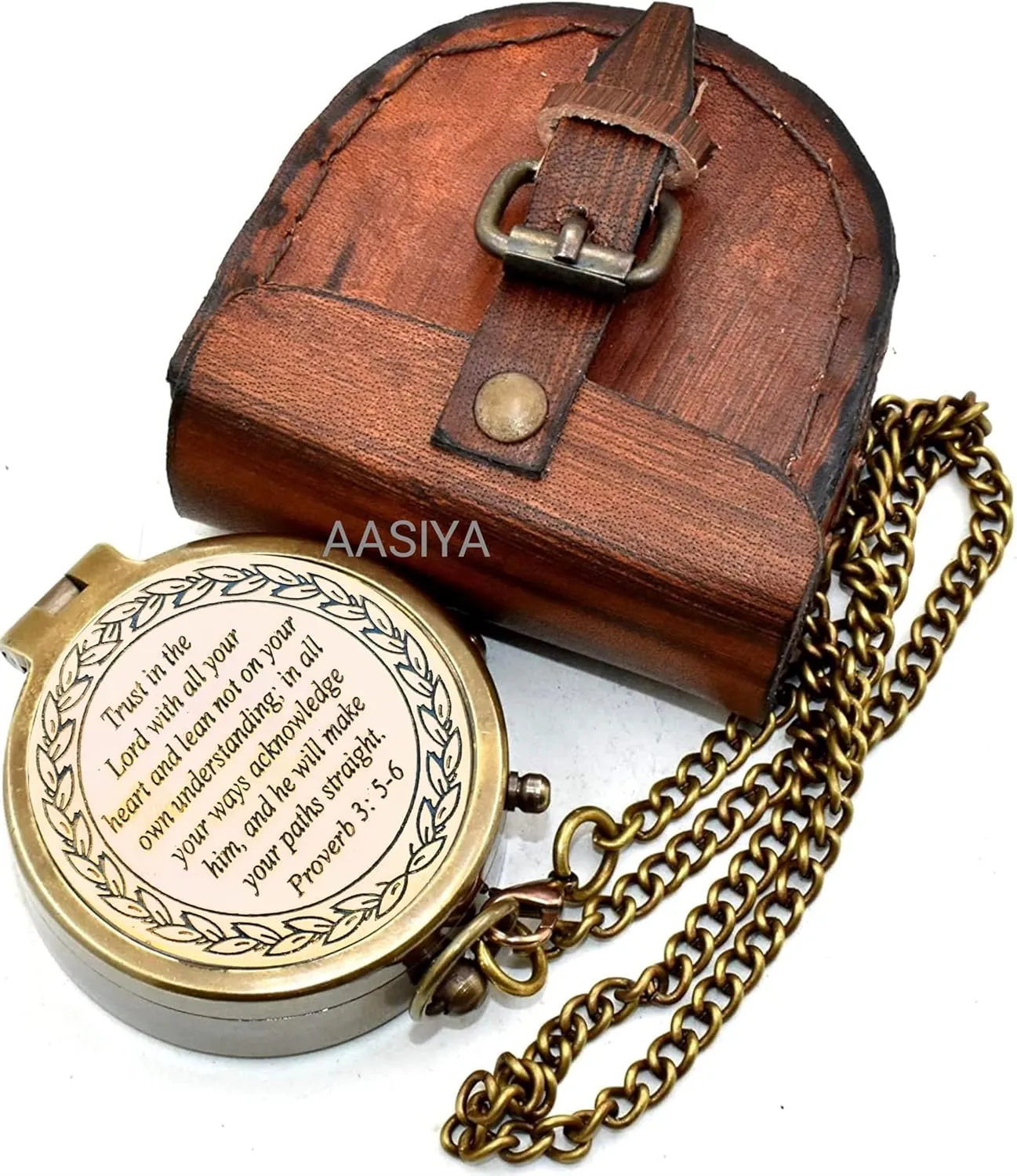 AASIYA Brass Nautical Pocket Compass with Chain and Leather Case for Travel Hiking Trust in The Lord Quote Engravable Outdoor Compass