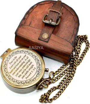 AASIYA Brass Nautical Pocket Compass with Chain and Leather Case for Travel Hiking Trust in The Lord Quote Engravable Outdoor Compass