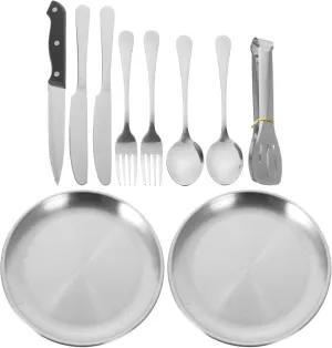ABOOFAN Camping Messware Kit: 10pcs Stainless Steel Camping Silverware Set with Storage Bag, Camping Hiking Cooking Utensils Set Plates, Knives, Forks, Spoons, 20.5x20.5cm, 901X14N442TT5KQLUP5KBP9