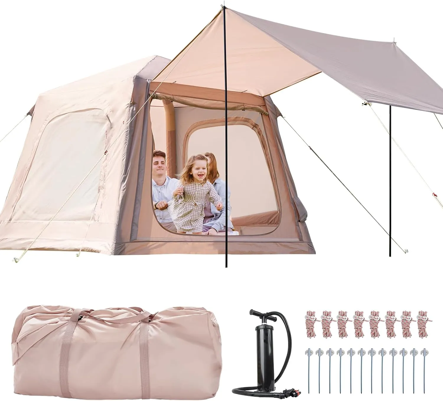ABORON 2/6/8 Person Inflatable Camping Tent, Easy Setup Blow Up Tent with Hand Pump, PU3000mm Waterproof & Breathable 4 Season Glamping Tent for Outdoor Camping