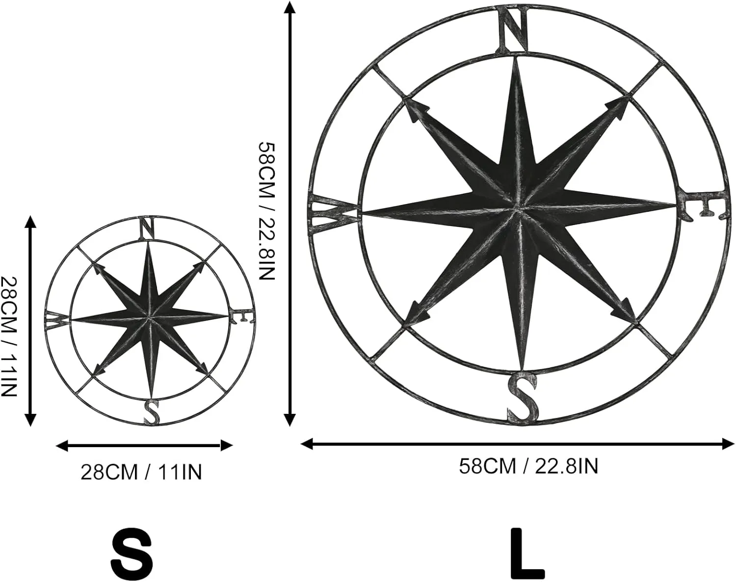 aboxoo Round Metal Compass Decorative Compass Metal Wall Art Hanging Wall Sculpture 22.8 Inch Black Diameter Farmhouse Decor Indoor or Outdoor Sign