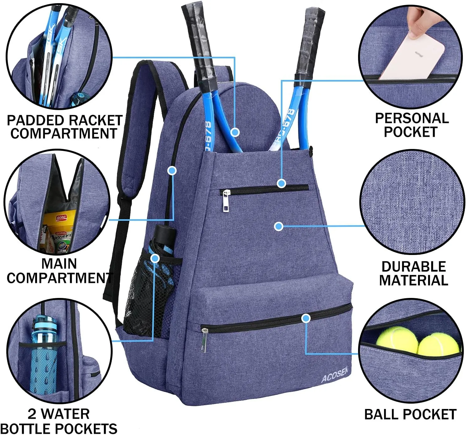 ACOSEN Tennis Bag Tennis Backpack - Large Tennis Bags for Women and Men to Hold Tennis Racket,Pickleball Paddles, Badminton Racquet, Squash Racquet,Balls and Other Accessories