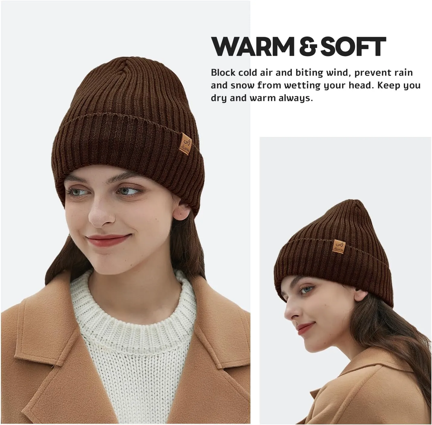 ACUSHLA Waterproof Windproof Cuff Beanie - Thick Fleece Lined Knit Winter Hat for Men & Women Warm Watch Cap for Cold Weather