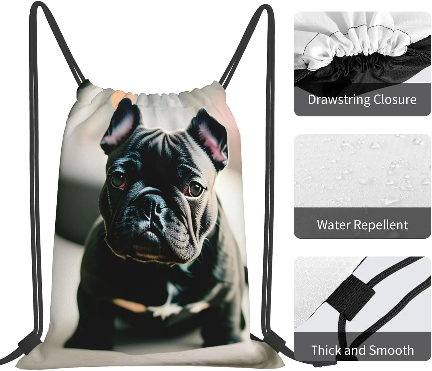 Adorable French Bulldog Print Sports Drawstring Backpack,Water Resistant Bag, Gym Backpack for Women Men