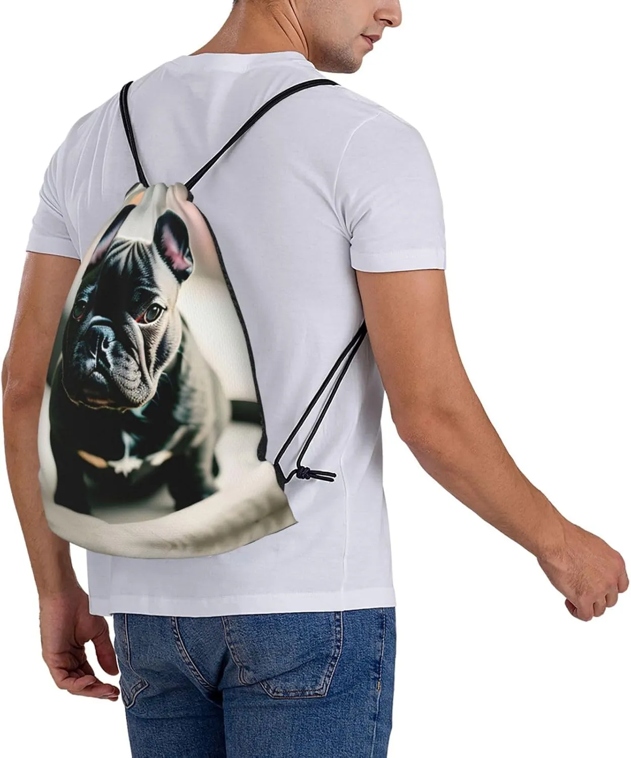Adorable French Bulldog Print Sports Drawstring Backpack,Water Resistant Bag, Gym Backpack for Women Men