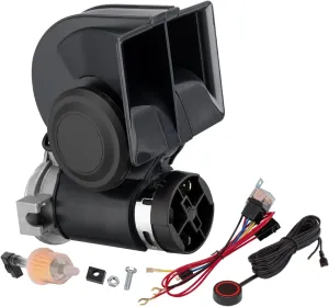 Air Horn for Truck,Super High Pitched Train Horn for Car, Waterproof Snail Horn for Motorcycles, Cars, trucks, trains and ships(black horn with wire and button, 12v)