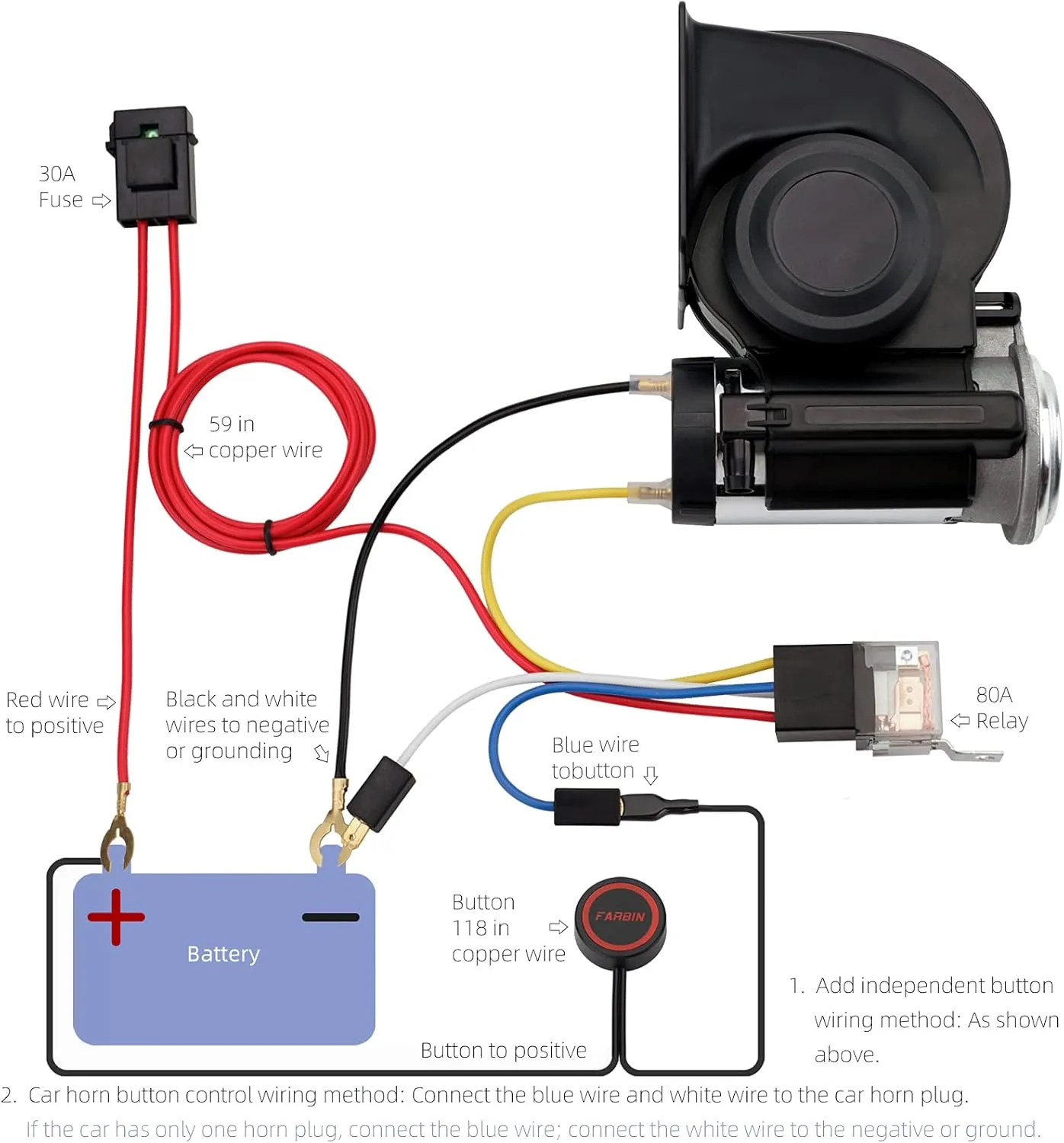 Air Horn for Truck,Super High Pitched Train Horn for Car, Waterproof Snail Horn for Motorcycles, Cars, trucks, trains and ships(black horn with wire and button, 12v)