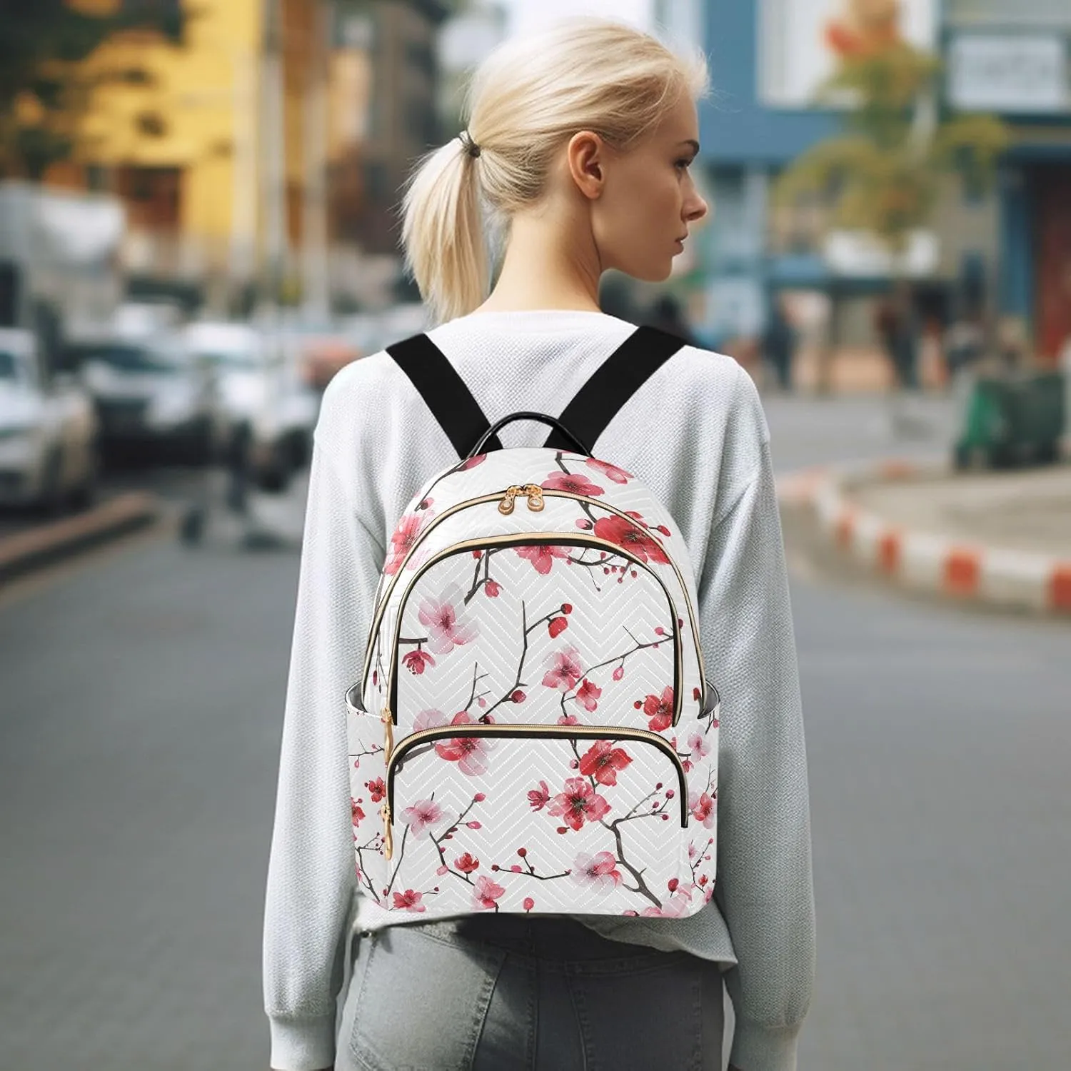ALAZA Cherry Blossoms Pink Red Small Backpack Purse for Women Travel Bag Lightweight Shoulder Bag Fashion Daypack