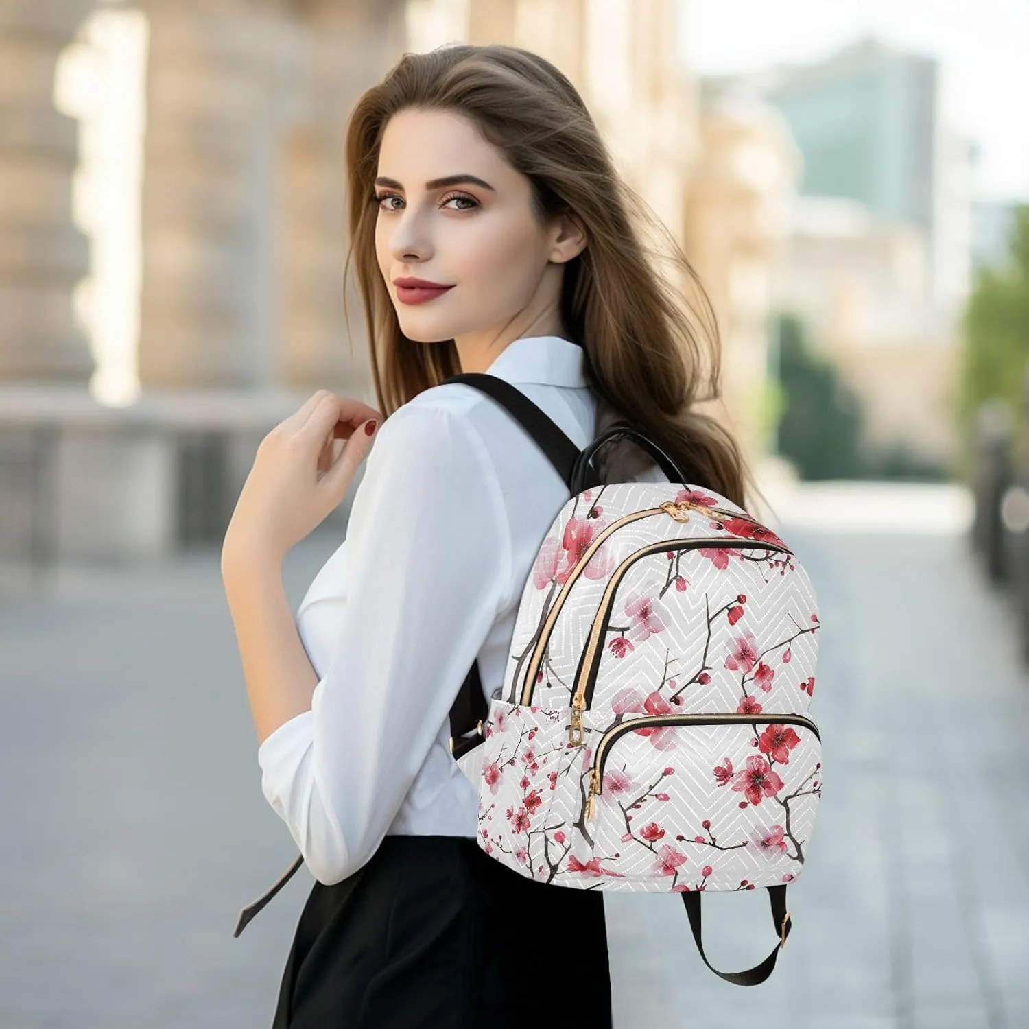 ALAZA Cherry Blossoms Pink Red Small Backpack Purse for Women Travel Bag Lightweight Shoulder Bag Fashion Daypack
