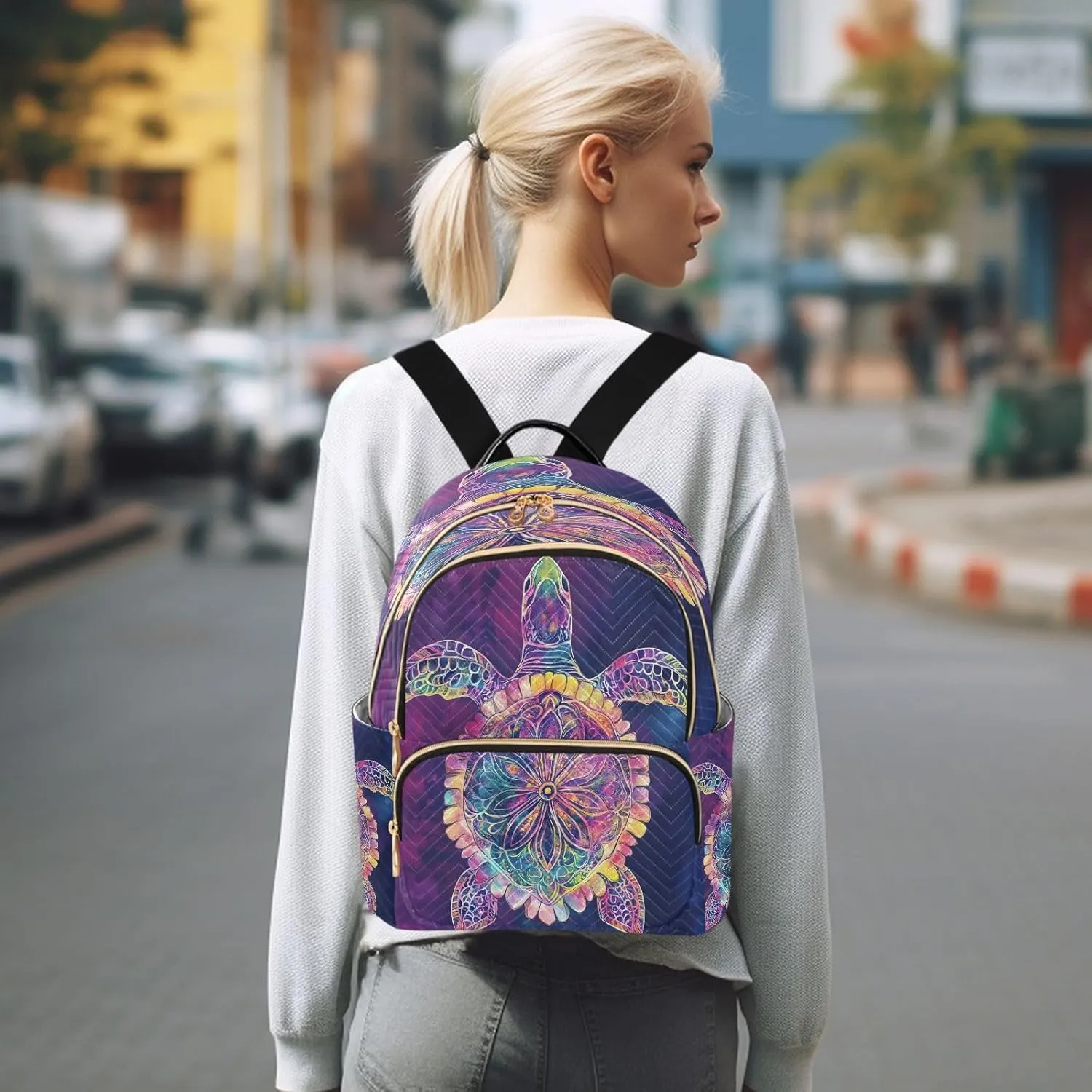 ALAZA Mini Backpack for Women Turtle Colorful Mandala Travel Backpack Purse for Ladies Handbag Shoulder Bag Casual Daypack, M