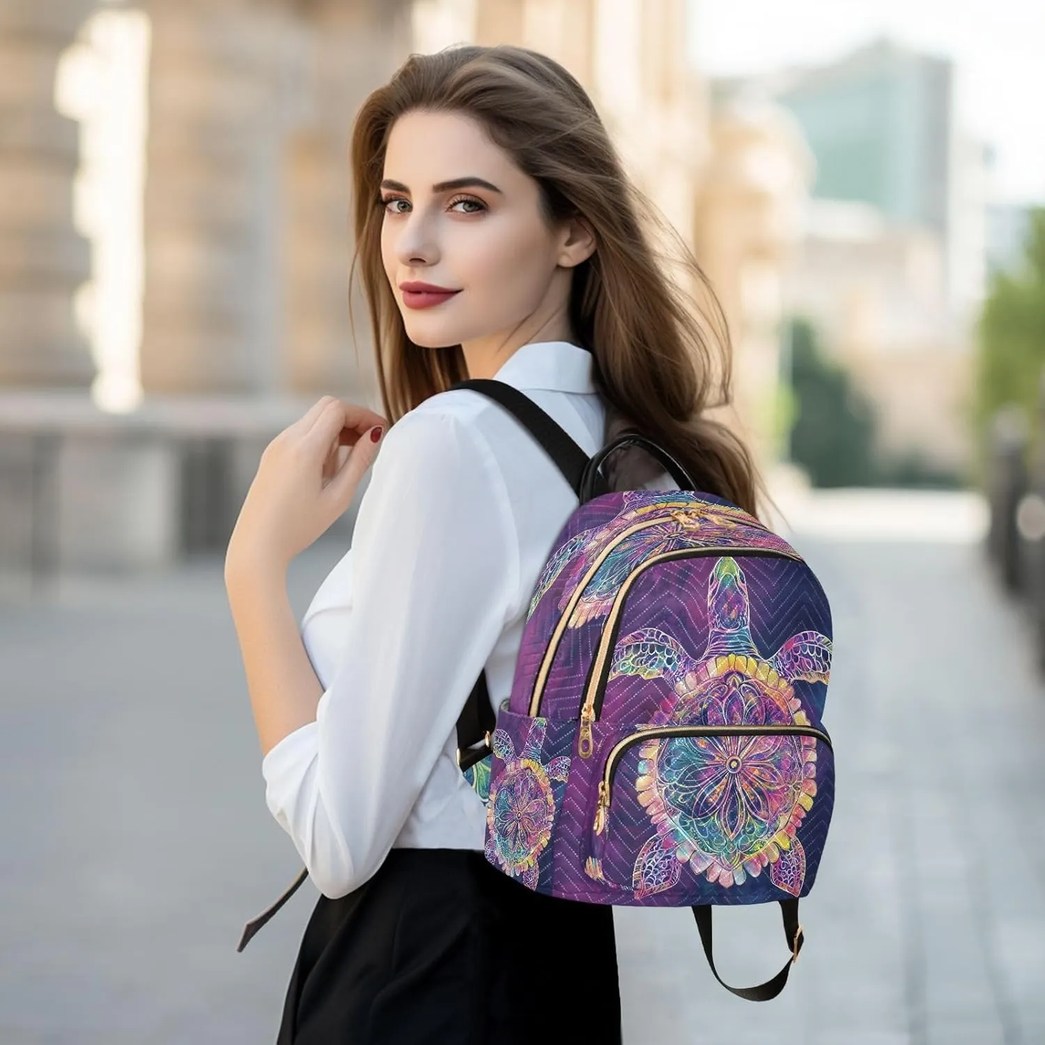 ALAZA Mini Backpack for Women Turtle Colorful Mandala Travel Backpack Purse for Ladies Handbag Shoulder Bag Casual Daypack, M