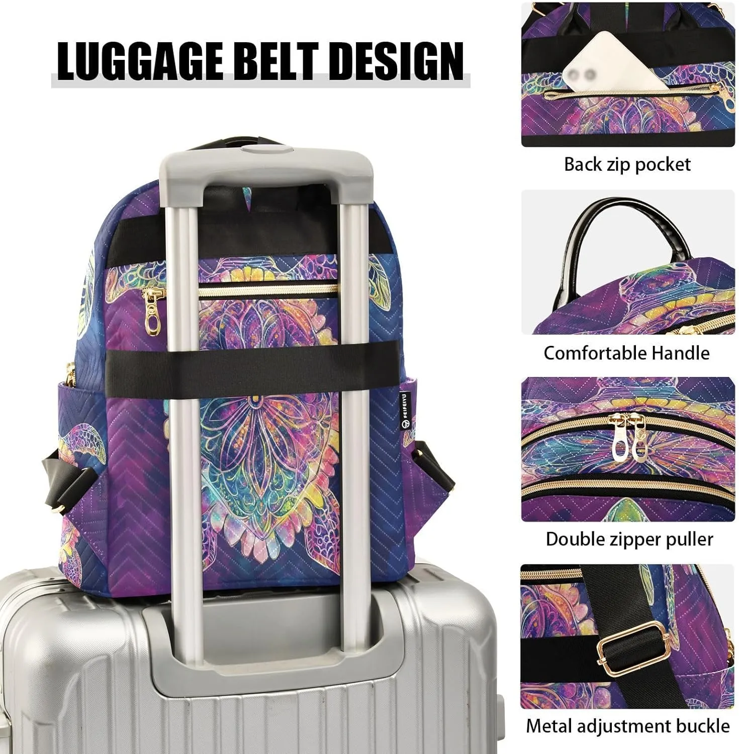 ALAZA Mini Backpack for Women Turtle Colorful Mandala Travel Backpack Purse for Ladies Handbag Shoulder Bag Casual Daypack, M