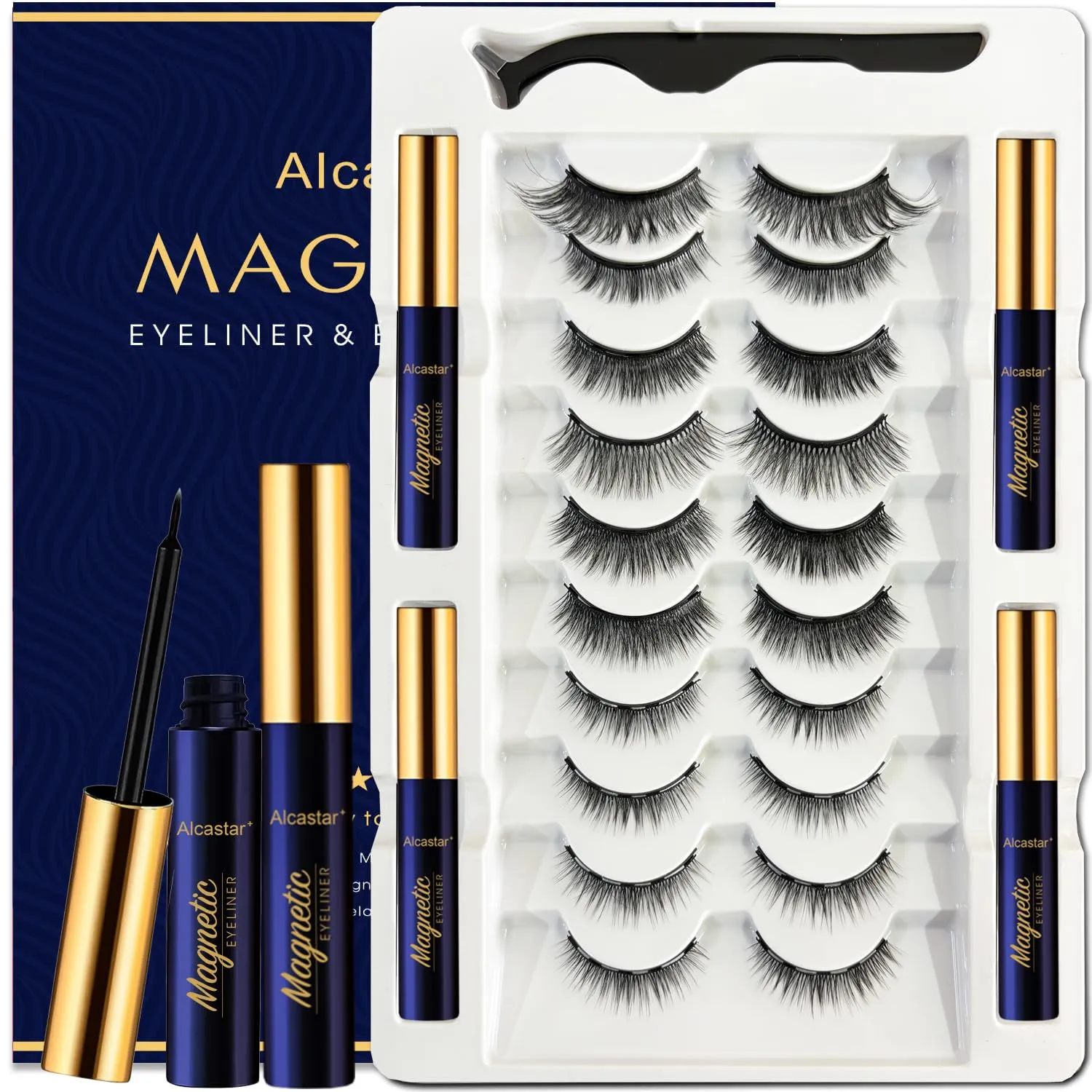 Alcastar Magnetic Eyelashes with Eyeliner Kit, Reusable Magnetic lashes, Waterproof, Long Lasting,Magnet Eyelashes Easy to Apply