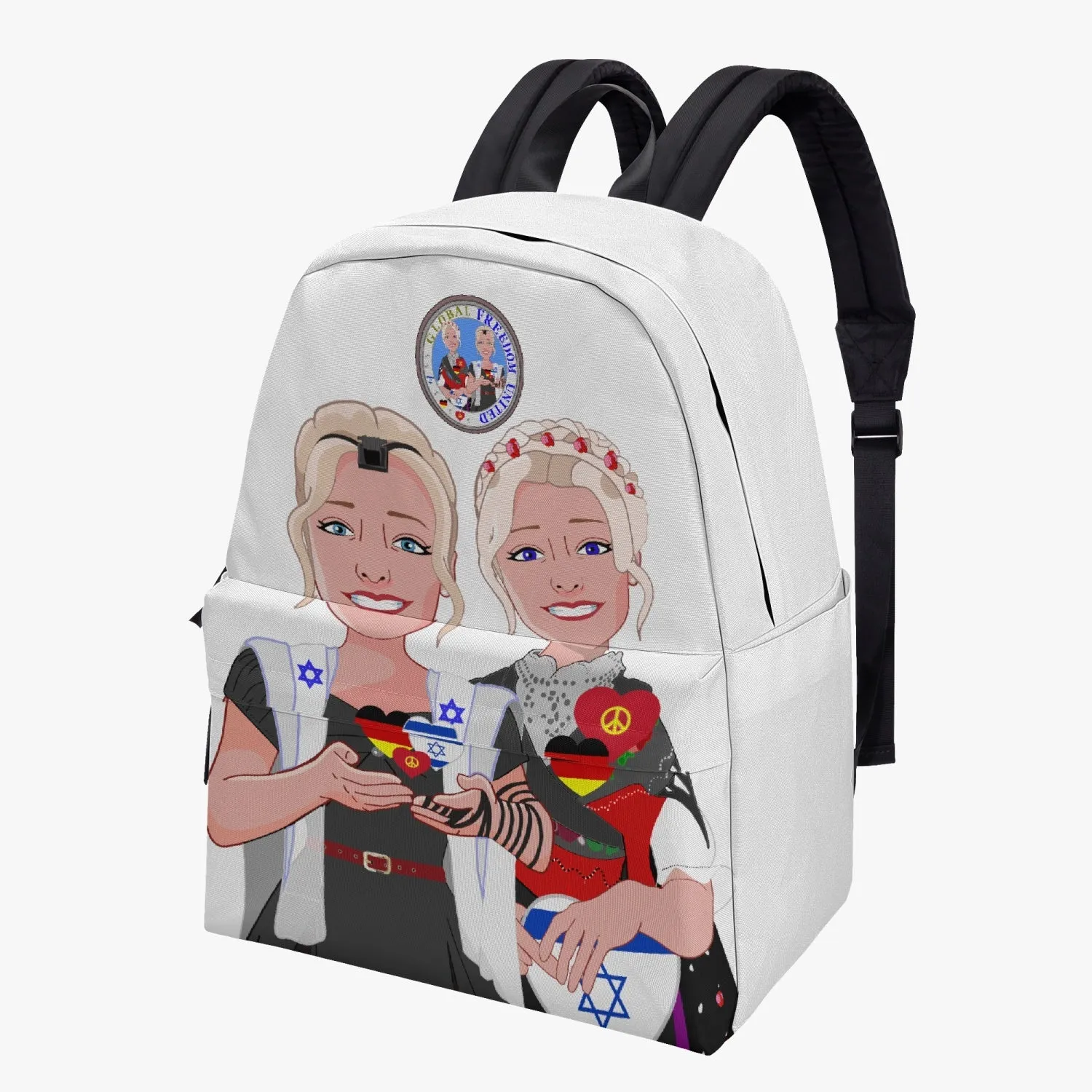 ALL OVER PRINT CANVAS BACKPACK GLOBAL FREEDOM UNITED GIRLS ISRAEL & GERMANY OLD PEACE WIGHT