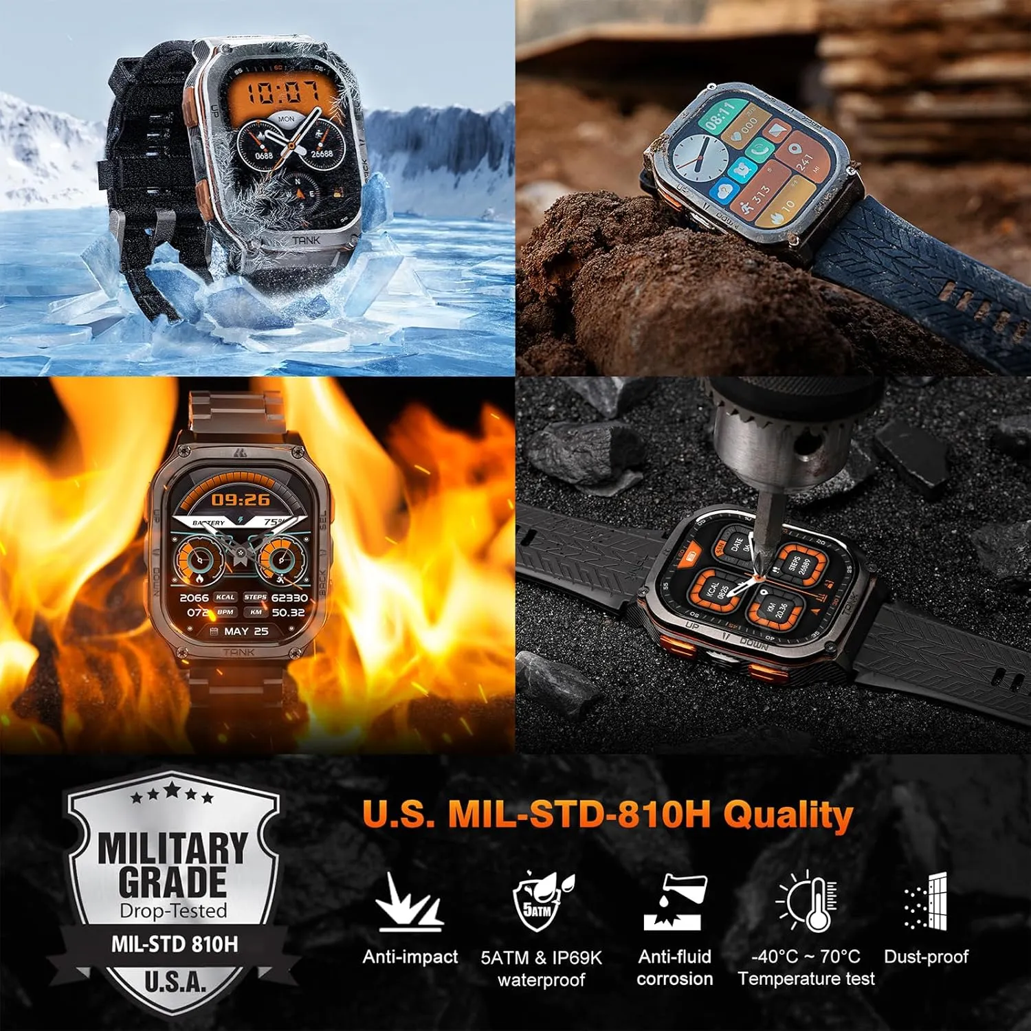 AMAZTIM Military Smart Watch with GPS, 6 Satellite Positioning/Compass, Stainless Steel Body, 50M Waterproof, 480mAh Extra-large battery, Answer/Make Call, 2" AMOLED Screen, Compatible for Android iOS