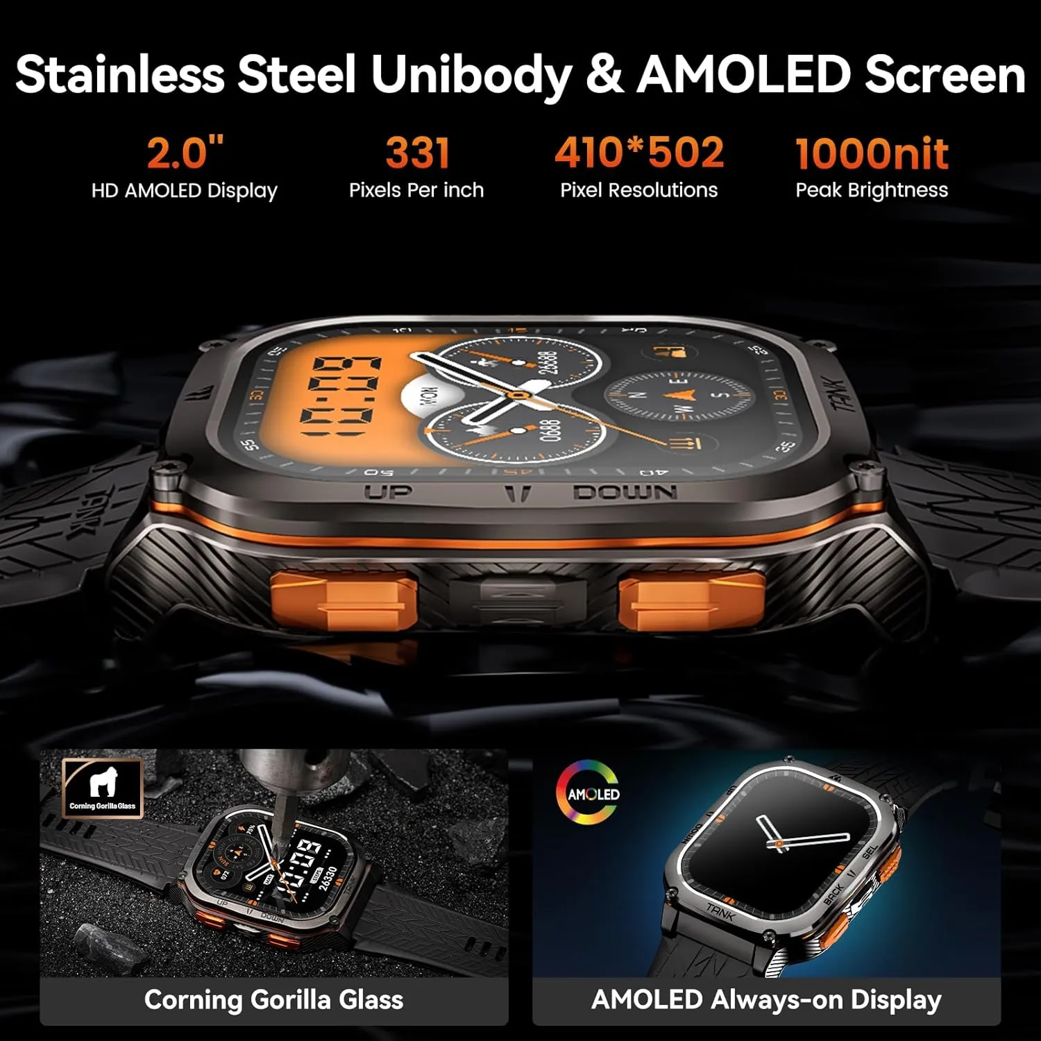 AMAZTIM Military Smart Watch with GPS, 6 Satellite Positioning/Compass, Stainless Steel Body, 50M Waterproof, 480mAh Extra-large battery, Answer/Make Call, 2" AMOLED Screen, Compatible for Android iOS