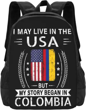 American Colombian Flag My Story Began In Colombia Casual Backpack Large Capacity Backpacks 15 Inch Laptop Back Pack Travel Rucksack Daypack Commuter Bags with Adjustable Strap for Camping