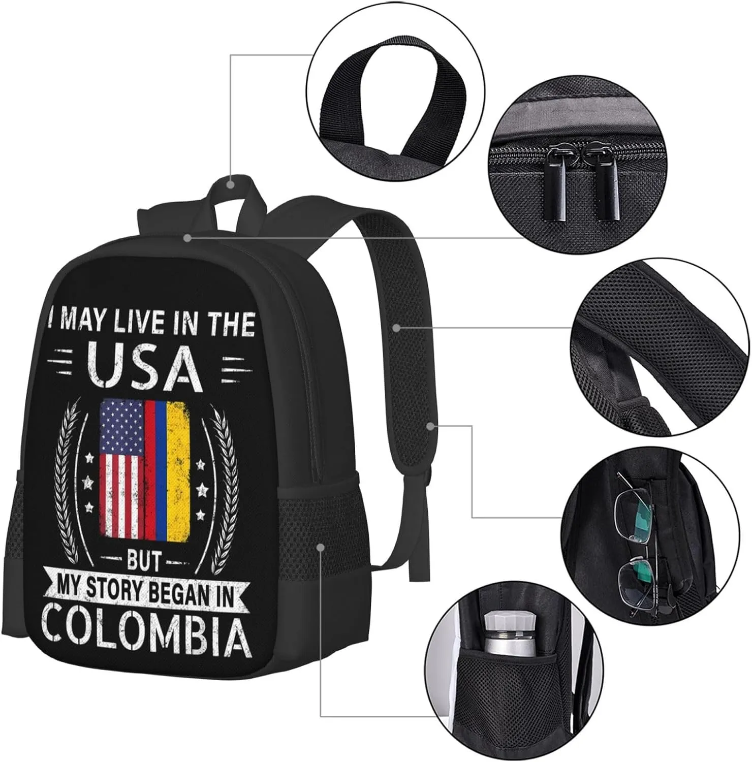 American Colombian Flag My Story Began In Colombia Casual Backpack Large Capacity Backpacks 15 Inch Laptop Back Pack Travel Rucksack Daypack Commuter Bags with Adjustable Strap for Camping