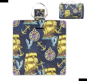 Ancient Sailboat Anchor Compass Retro Picnic Blankets Waterproof Foldable,Outdoor Blanket Beach Mat 59"X 59" Handy Mat Tote for Camping Hiking