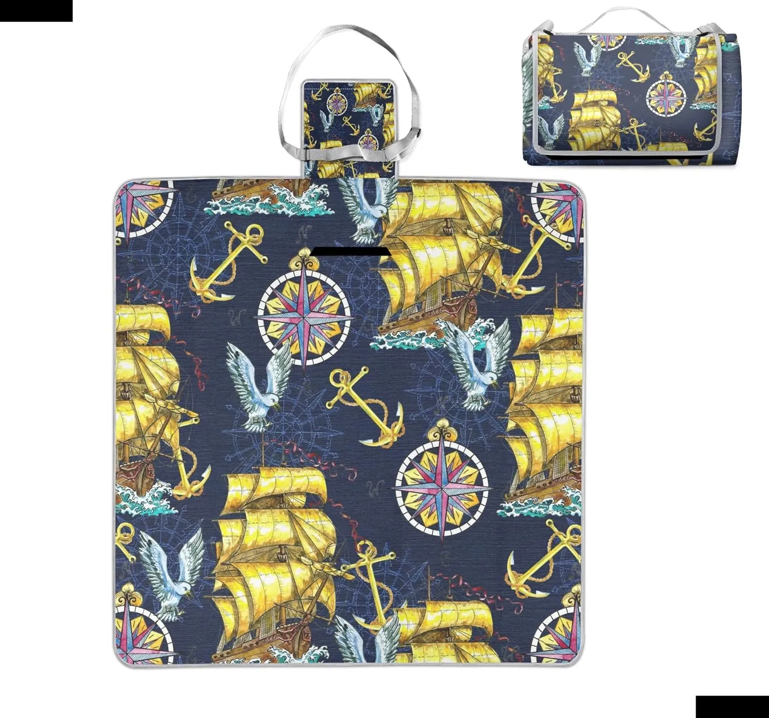 Ancient Sailboat Anchor Compass Retro Picnic Blankets Waterproof Foldable,Outdoor Blanket Beach Mat 59"X 59" Handy Mat Tote for Camping Hiking