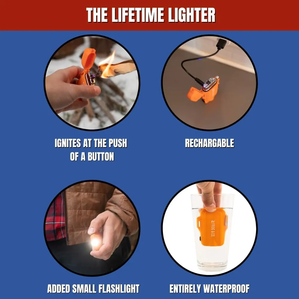 and Survival Frog Tough Tesla Lighter 2.0 – Waterproof, Windproof, Flameless Top-Facing Dual Arc Plasma USB Rechargeable Electric w/Built-in Flashlight and Emergency Whistle.