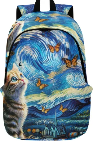 Animal Print Cute Backpacks for Woman Daypack Cute Kitten Starry Night Cat Cool Gifts for College Students