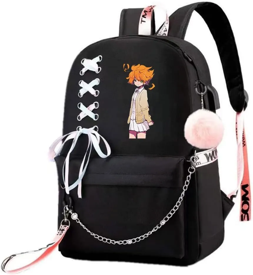 Anime The Promised Neverland Emma Ray Norman Backpack Cosplay Kawaii Ribbon Bag (2)