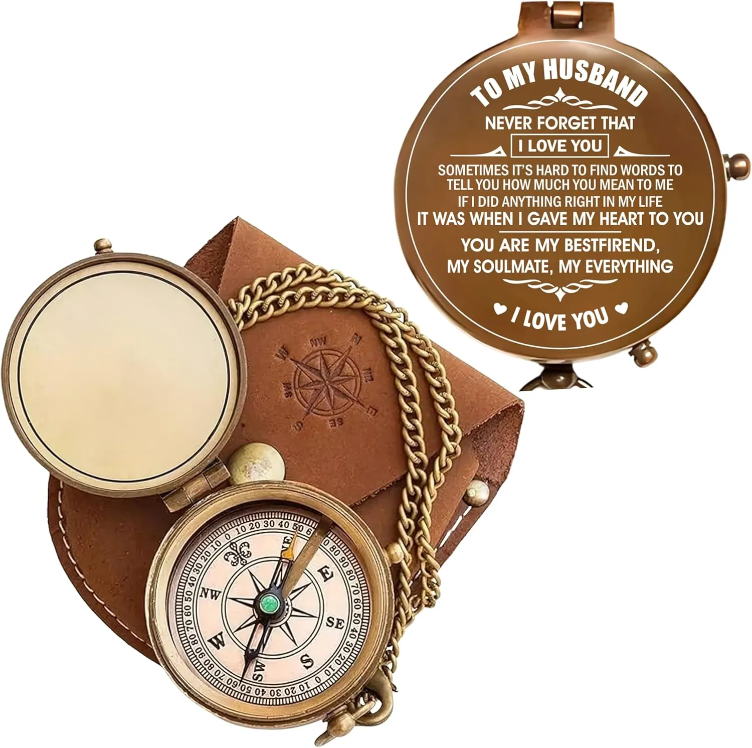 Antique Brass Engraved Compass with Leather Case – to My Husband Personalized Pocket Compass – Vintage Nautical Gift for Anniversary, Birthday & Outdoor Adventures (Antique My Husband-2)