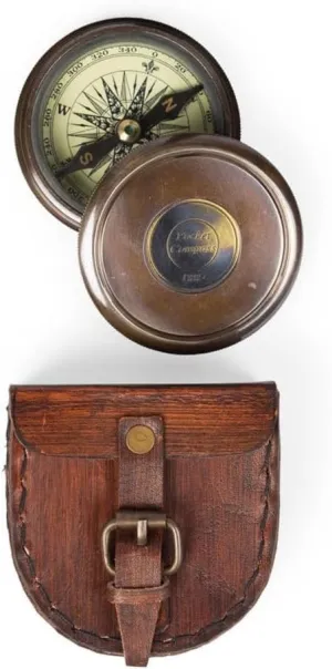 Antique Rustic Brass Wanderer's Compass with Leather Case Navigational Tool for Camping & Hiking, Standard, Same As Picture