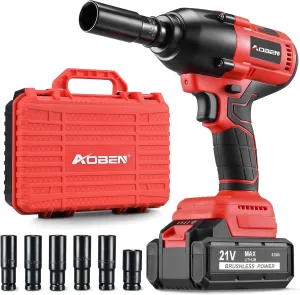 AOBEN Cordless Impact Wrench 1/2 Inch, Power Impact Gun Kit, Max 600N. M/450Ft-lbs High Torque Electric Impact Driver for Car RV Tire, 4.0Ah Battery, Charger, 6 Sockets & Storage Tool Case