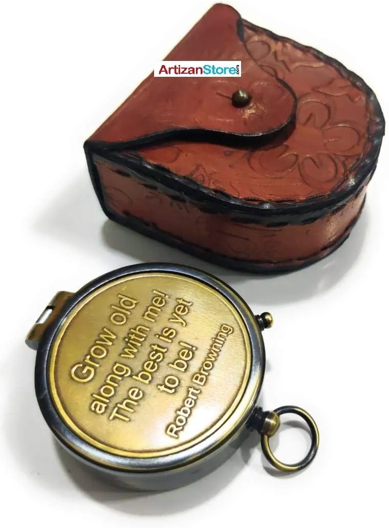ARTIZANSTORE Grow Old with Me Compass Nautical Leather Case, Directional Magnetic Compass