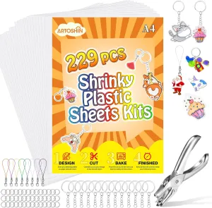 ARTOSHIN 229 PCS Shrinky Dink Sheets Kit, Shrink Paper Keychain Kit with 20 Pcs Shrinky Paper Sheets, Hole Punch, and Keychains for DIY Ornaments or Creative Craft