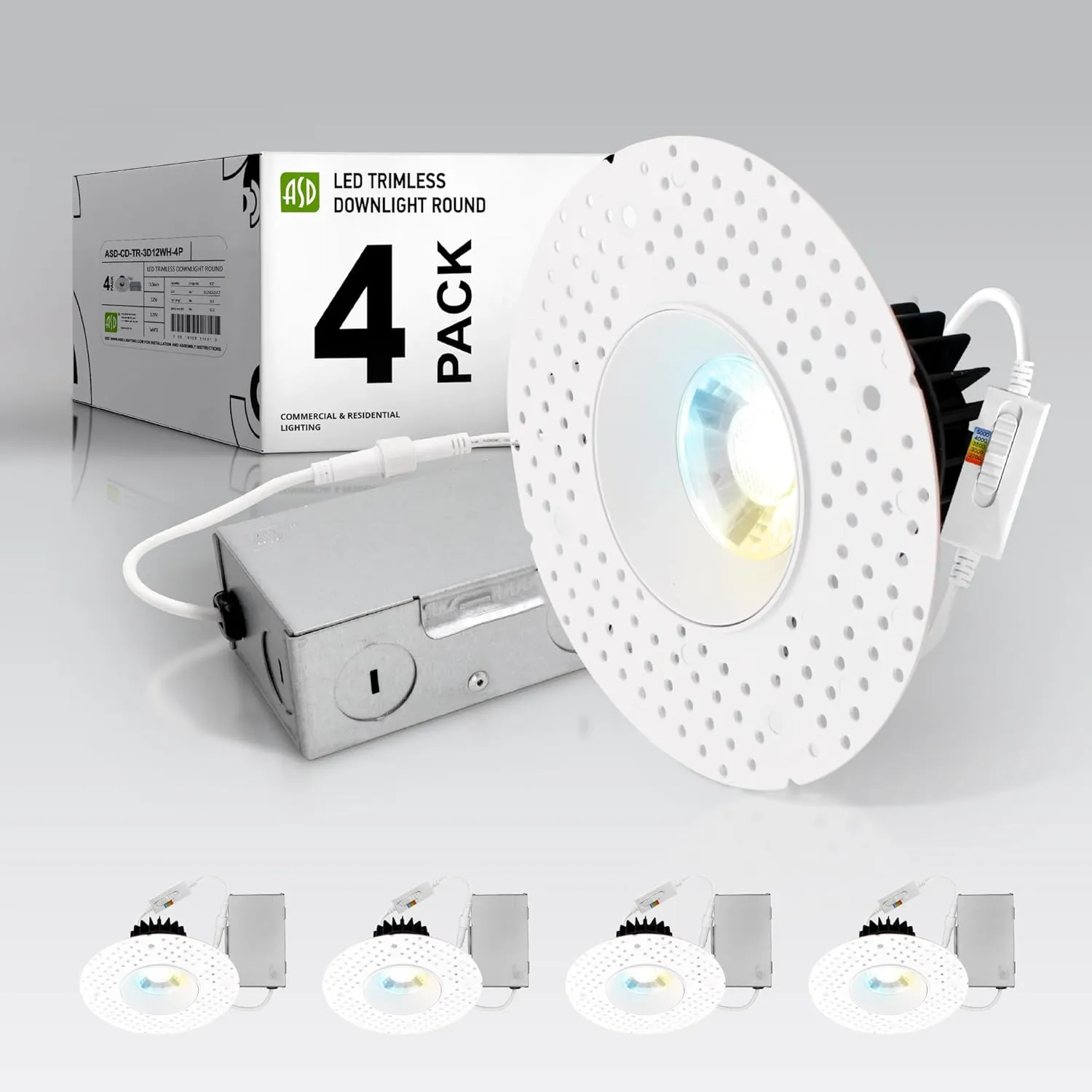 ASD Trimless 3 Inch LED Recessed Light, 12W 120V Triac Round Commercial Downlight, Canless Dimmable Lights for Ceiling with J-Box, 5 CCT 2700K-5000K, CRI 90 , IC Rated, ETL, White, 4 Pack