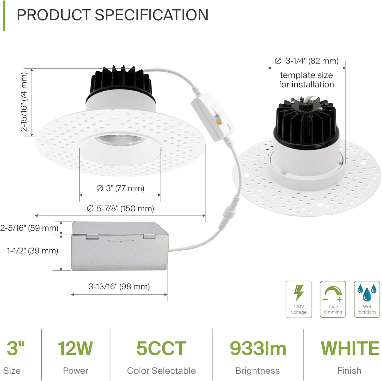 ASD Trimless 3 Inch LED Recessed Light, 12W 120V Triac Round Commercial Downlight, Canless Dimmable Lights for Ceiling with J-Box, 5 CCT 2700K-5000K, CRI 90 , IC Rated, ETL, White, 4 Pack