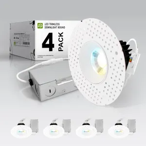 ASD Trimless 3 Inch LED Recessed Light, 12W 120V Triac Round Commercial Downlight, Canless Dimmable Lights for Ceiling with J-Box, 5 CCT 2700K-5000K, CRI 90 , IC Rated, ETL, White, 4 Pack