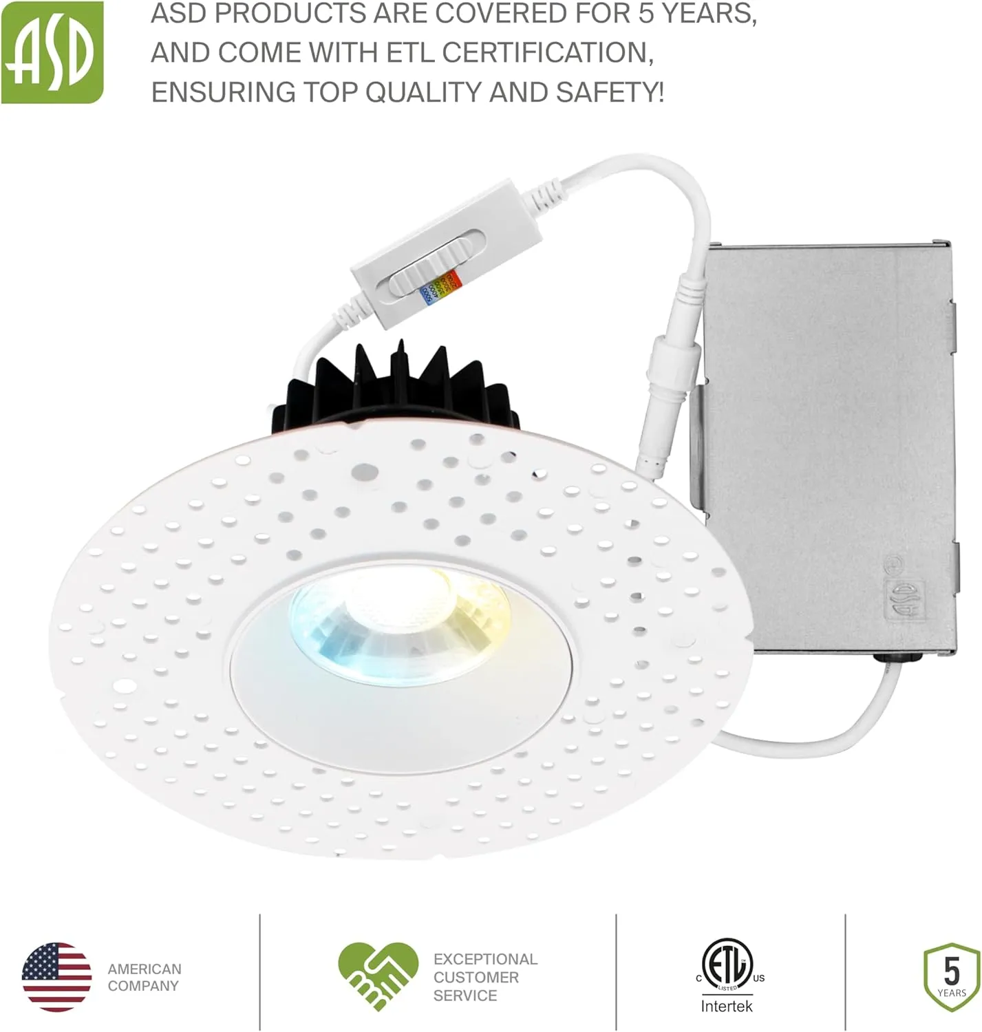 ASD Trimless 3 Inch LED Recessed Light, 12W 120V Triac Round Commercial Downlight, Canless Dimmable Lights for Ceiling with J-Box, 5 CCT 2700K-5000K, CRI 90 , IC Rated, ETL, White, 4 Pack