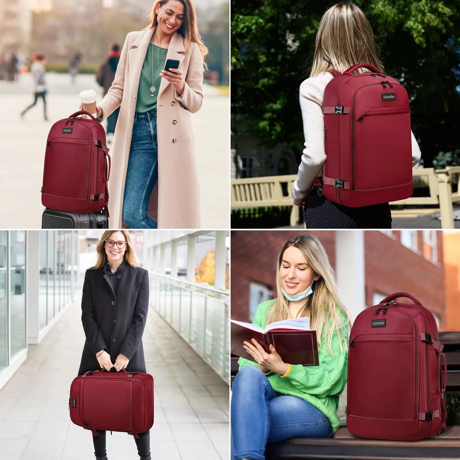 Asenlin 40L Travel Backpack for Women Men，17 Inch Laptop Backpack Flight Approved Luggage Carry On Water Resistant for Weekender Overnight Large Daypack Red