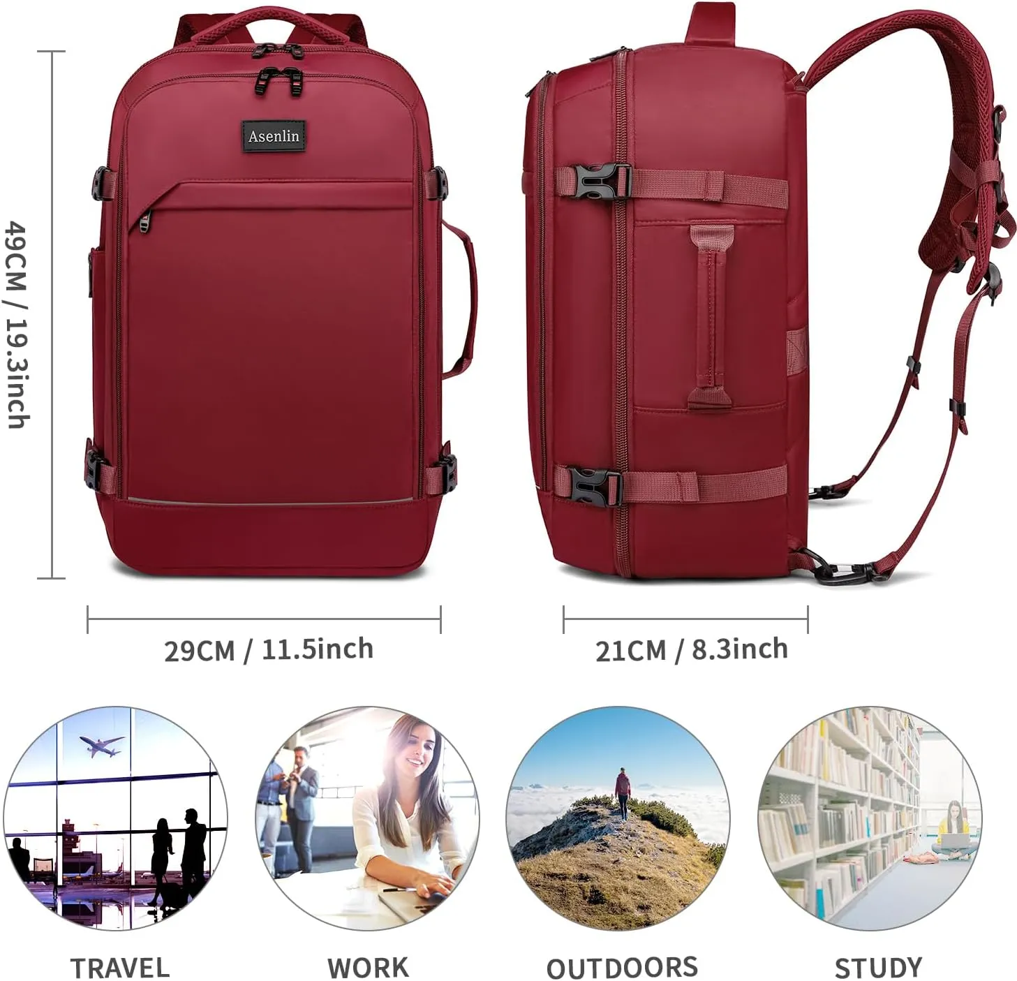 Asenlin 40L Travel Backpack for Women Men，17 Inch Laptop Backpack Flight Approved Luggage Carry On Water Resistant for Weekender Overnight Large Daypack Red