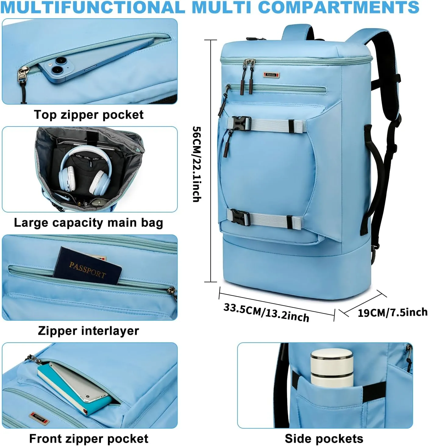 Asenlin Travel Backpack for Women Men，40L Extra Large Hiking Backpack，18 Inch Carry on Backpack Water Resistant for Casual Daypack Gym Backpack-LBLUE